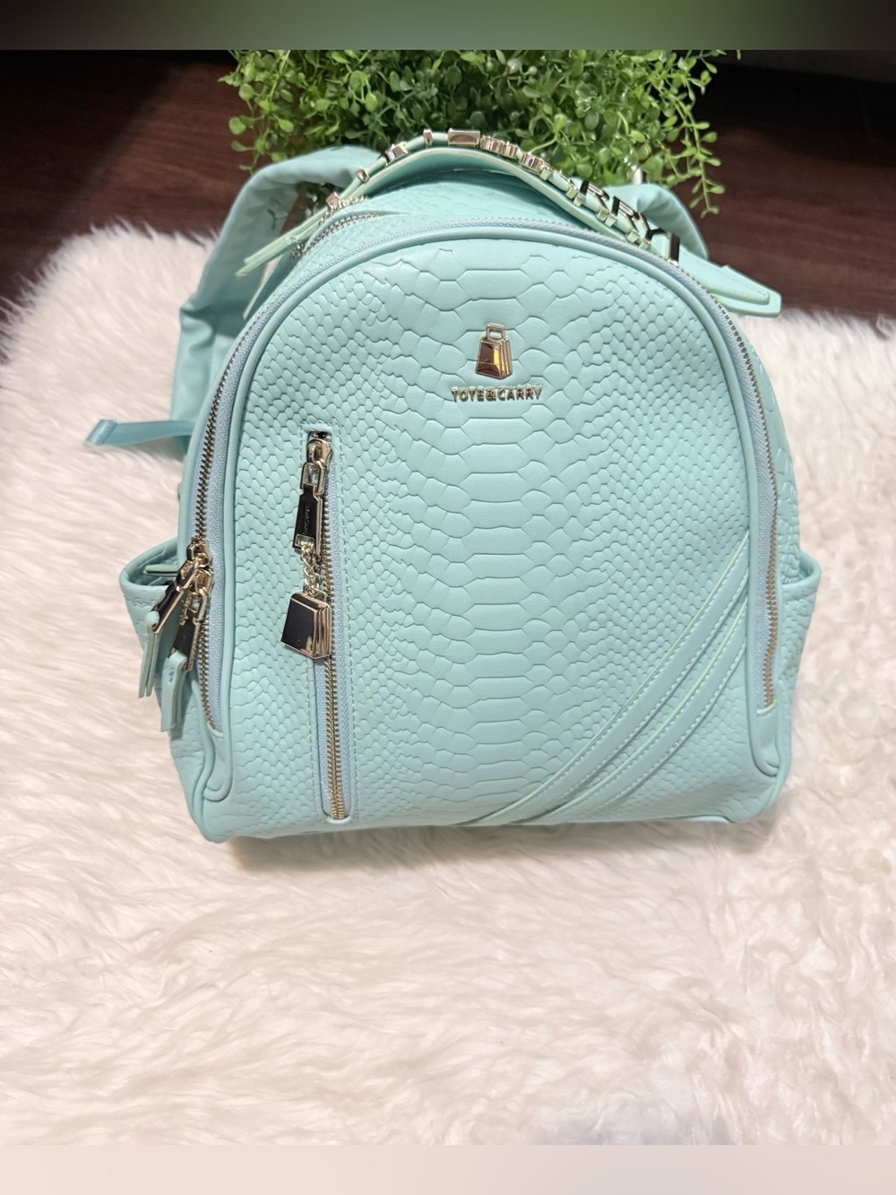 Totes & Carry Mint Textured Mini Backpack with Gold Hardware